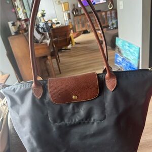 Longchamp dark gray Tote Bag with Brown Trim - Classic Women's Shoulder Bag